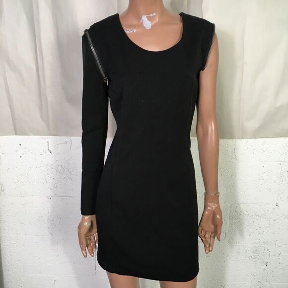 Bebe Black Long Sleeve Zip Shoulder Convertible Mini Bodycon Cocktail Dress S - Picture 6 of 10